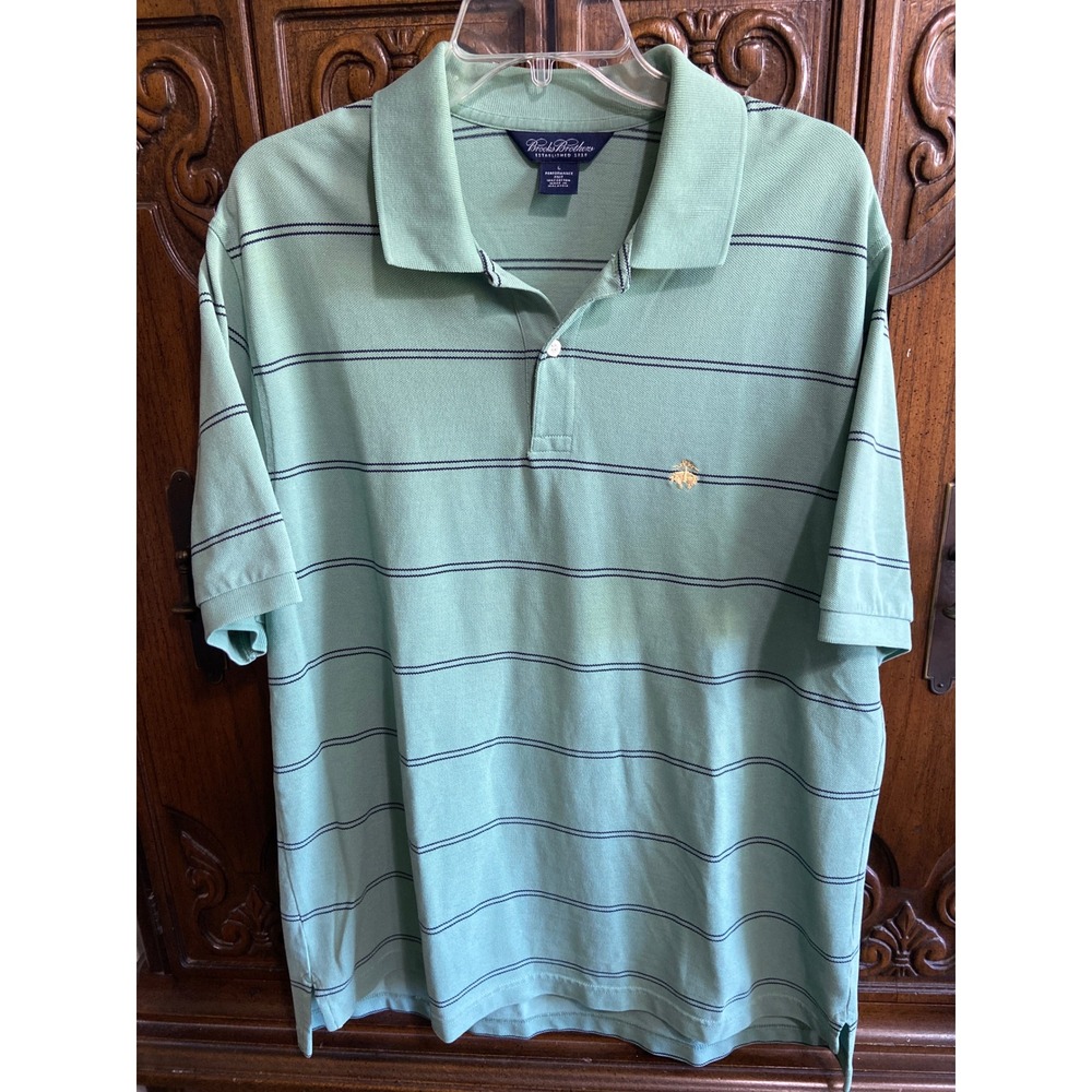 Brooks Brothers Mens Performance Knit Polo Shirt Mint Green Striped Cotton L